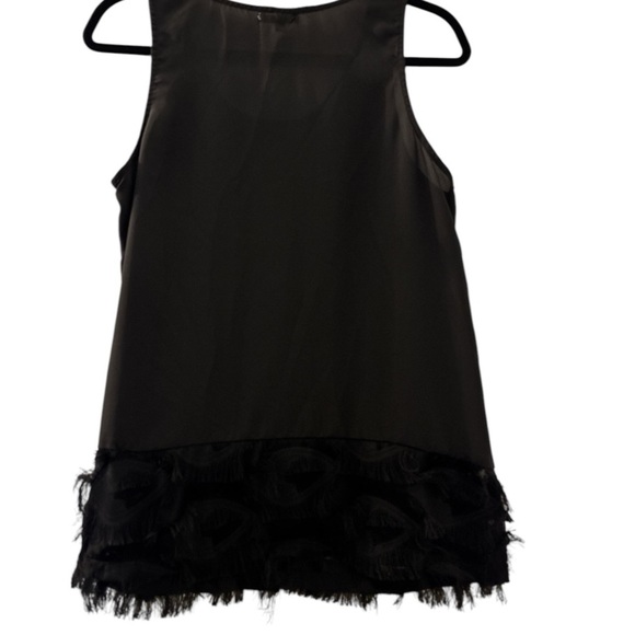 MAETTE top, black, size medium, 5" fringe trim along hem, scoop neckline - Picture 2 of 7